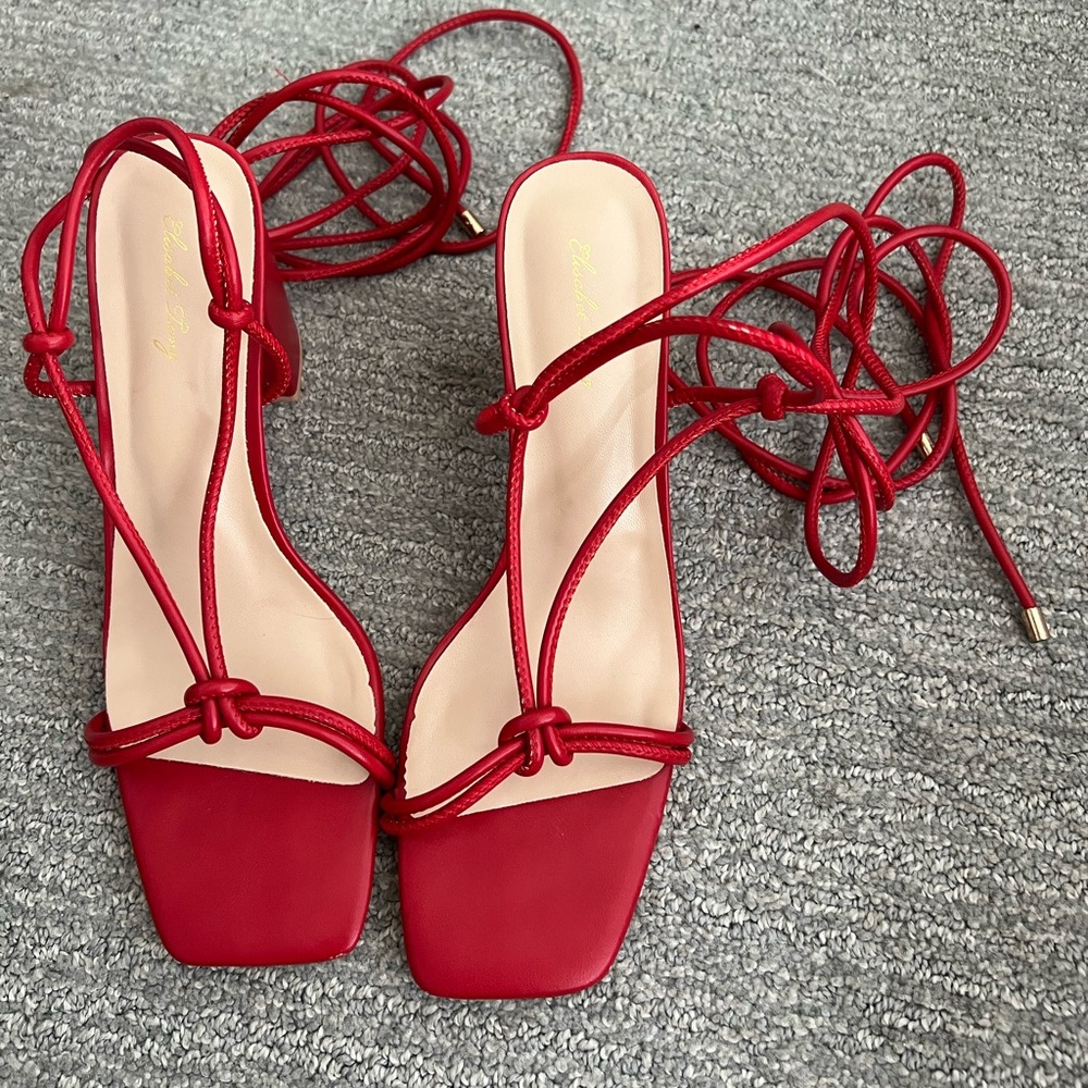 Red Leather Lace-up Sandal Heels